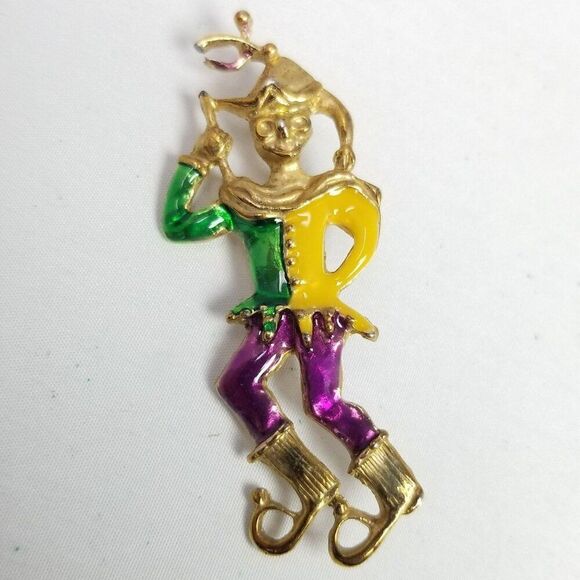 Vintage Court Jester Enamel Brooch, Yellow Green Purple Gold Tone Clown, Estate - Picture 6 of 7